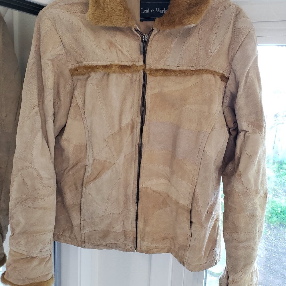 Leather Works Penny Lane style Jacket Patchwork Size Med. Y2K Tan Brown